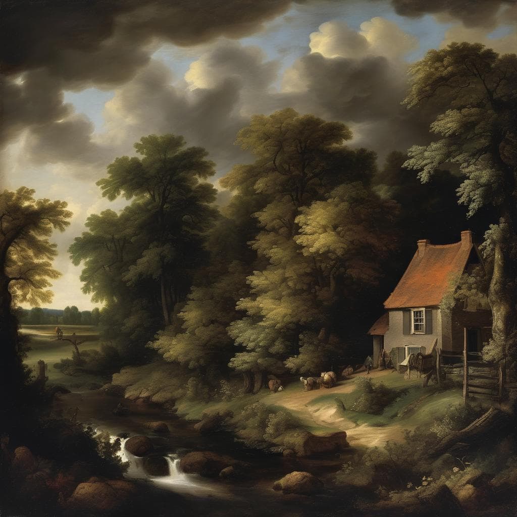 Ουρανοβασίλα και σκιά στον ουρανό πάνω από ήσυχη φύση με δέντρα και ποτάμι, με παραδοσιακό σπιτάκι στην άκρη, αποτύπωση της τέχνης ως καθολικής γλώσσας και του τοπίου στη ζωγραφική.