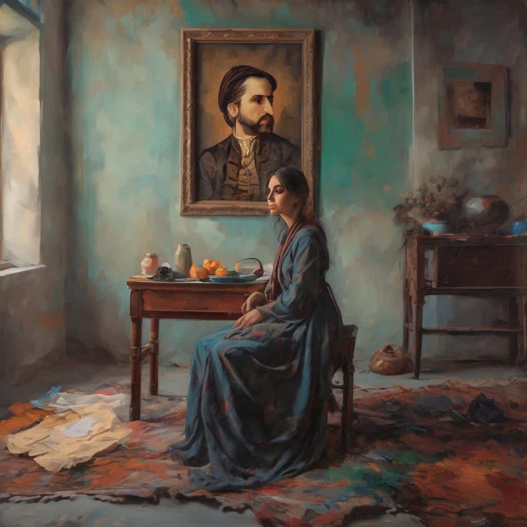 Ανθρώπινη γυναίκα σε καφέ δίπλα σε πίνακα, μέσα σε παλιά καφέ αίθουσα με λευκό παράθυρο και σερβίτσια, με την τέχνη και την ιστορία να αντικατοπτρίζονται στα έργα ζωγραφικής και τα αντικείμενα.