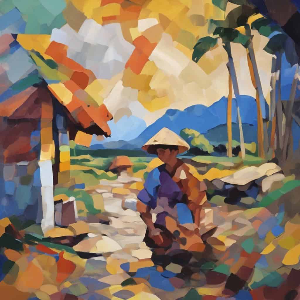 • Παραδοσιακή ζωγραφική με θέμα την τέχνη ως καθολική γλώσσα, που απεικονίζει ανθρώπους και τοπία με ζωηρά χρώματα και αφηρημένα στοιχεία.