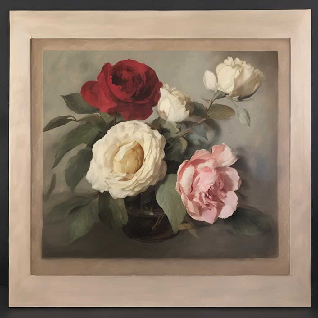 Ανθισμένα τριαντάφυλλα σε πίνακα ζωγραφικής, σύγχρονη τέχνη, συλλογή τέχνης, διακοσμητικό έργο, καλλιτεχνική απόδοση, παλέτα απαλών χρωμάτων, τέχνη ως καθολική γλώσσα, γαλλική ζωγραφική, ρεαλιστική και μεροληπτική τέχνη, έμπνευση από φύση.