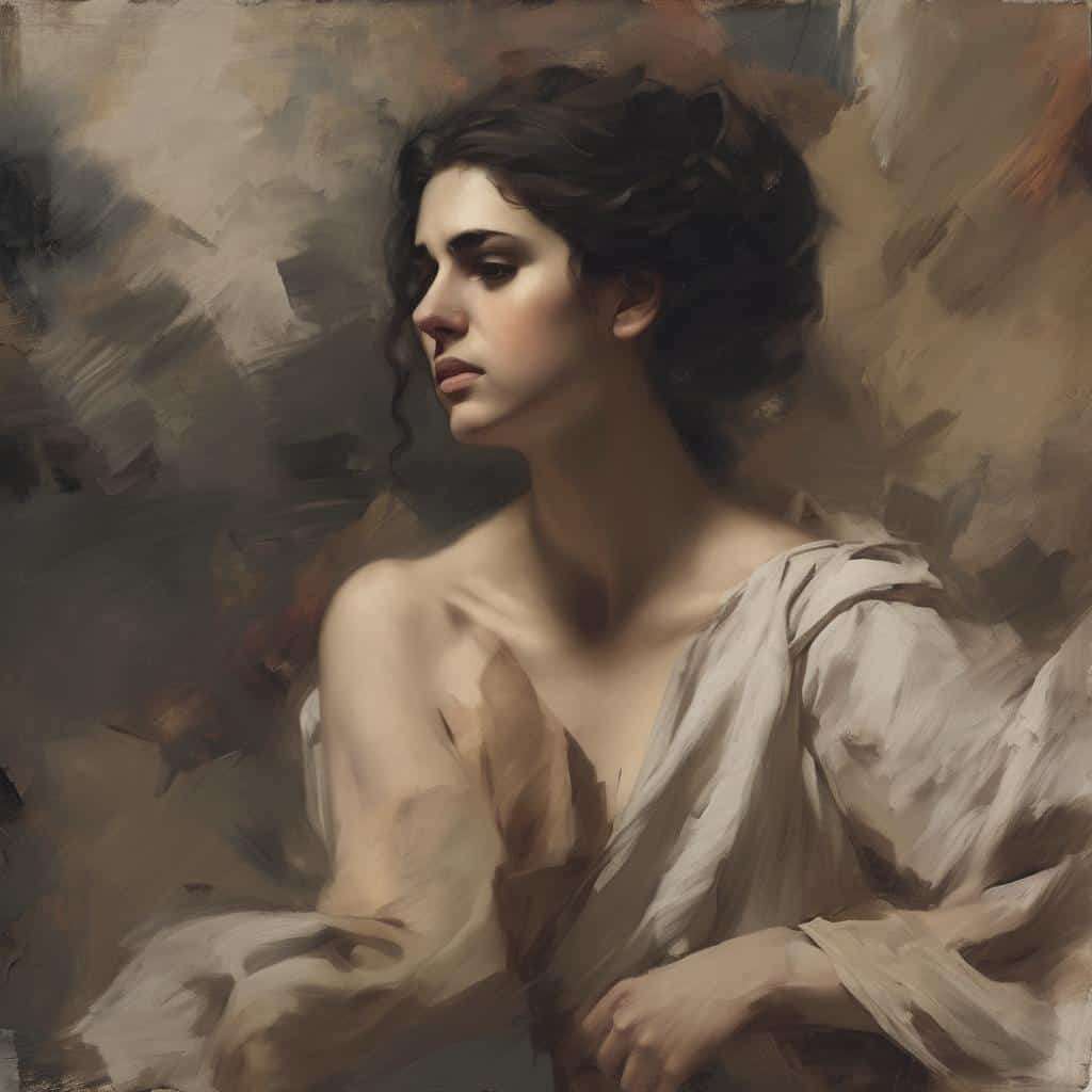 Ρομαντική γυναίκα σε πορτρέτο, ζωγραφική τέχνη, καθηλωτικό έργο τέχνης, καθολική γλώσσα της τέχνης, εκφραστική ποίηση, σύγχρονη τέχνη, γυναίκα με βαθύ βλέμμα, εκπληκτική φιγούρα, καλλιτεχνική δημιουργία, σύμβολο τέχνης και πολιτισμού.