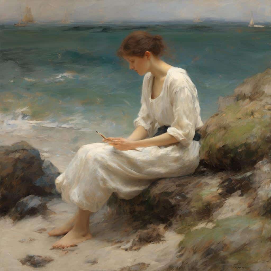 Σιωπηλή γυναίκα που διαβάζει σε παραλία, γυναικεία μορφή σε ρεαλιστικό στιλ, εικόνα με έμφαση στη λεπτομέρεια και την έκφραση, τέχνη και καθολική γλώσσα.