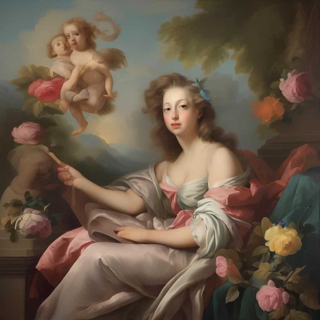 Ονειρική ρομαντική γυναίκα σε κλασικό αέριο πίνακα με λουλούδια και ουράνια σφαίρα.